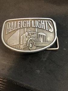 Raleigh Lights Tractor Belt Buckle RARE Vintage Silver/Pewter toned Leather Belt - Picture 1 of 6