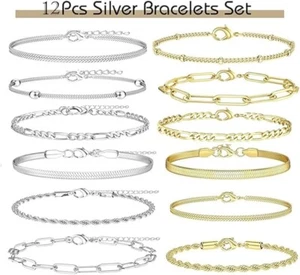sylbx Confezione da 12 Set di Braccialetti in Argento per Donna, Bracciale Regol - Foto 1 di 7