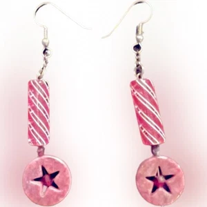 Y2K Unique Handmade Pink Granite and Glass Bead Star Earrings - Picture 1 of 3