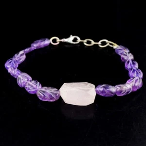 Amethyst Carved & Rose Quartz 69.00 Cts Handmade Beaded Bracelet VK 36 E570 - Picture 1 of 3
