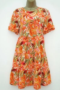 SHEIN WHITE ORANGE GREEN TROPICAL FLORAL PRINT TIERED SUN DRESS SIZE L 12 14 - Picture 1 of 3