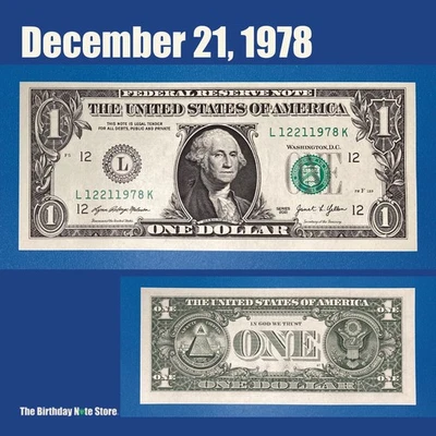 December 21, 1978 Birthday Anniversary $1 One Dollar Bill Serial Number 12211978 - Image 1 of 2