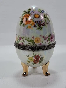 Caja de baratija floral vintage de porcelana con forma de huevo con patas doradas - Imagen 1 de 4