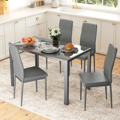 5-Piece Kitchen Dining Set Glass Top Table 4 PU Leather Chairs Dinette, Grey - Image 1 of 4