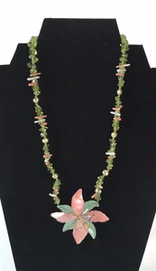 VTG Lee Sands Hibiscus Flower Pendant W Peridot Pearl Coral & Shell Necklace NIB - Picture 1 of 10