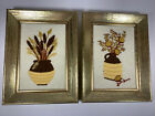 Vintage Gold Framed Floral Needlepoint Set Flowers In Jugs Handmade