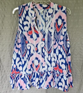 Camisa CROWN & IVY para mujer grande roja blanca azul sin mangas cuello dividido mezcla de lino - Imagen 1 de 7