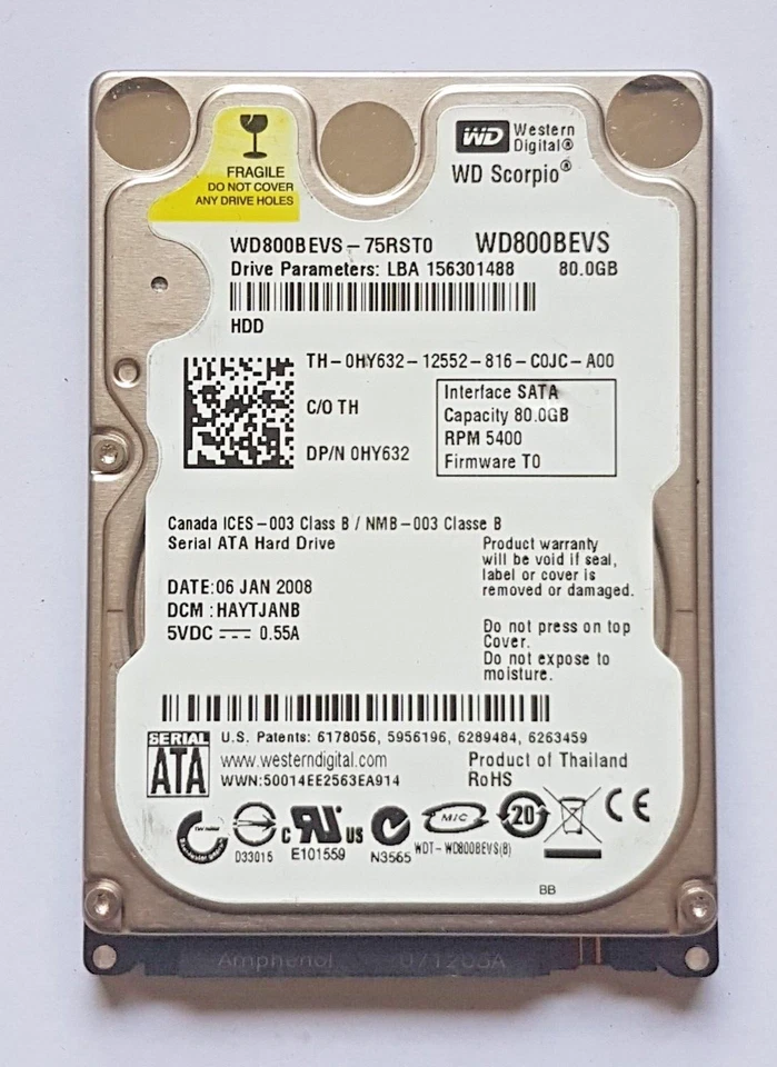 80 GB SATA Western Digital WD800BEVS-75RST0 5400RPM 8MB HDD 2.5" Hard Drive - Image 1 of 1