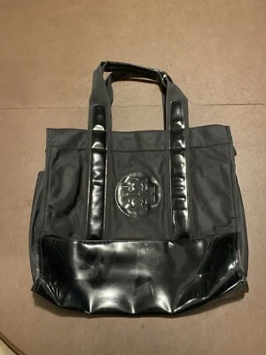 Tory Burch Ella Large Black Tote Bag Nylon Patent Leather Trim - Image 1 of 4
