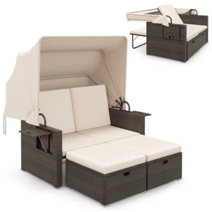 4-in-1 Outdoor Patio Daybed W/ Retractable Canopy Rattan Sofa Loveseat, Ottoman - Picture 1 of 16