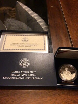 Proof 2004-P  Thomas Alva Edison Commemorative SILVER Dollar in OGP with COA - Image 1 of 3