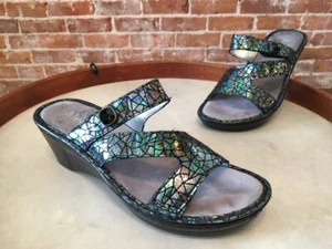 Alegria Loti Tectonic Metallic Crackle Leather Wedge Sandals 38 8 8.5 SALE - Picture 1 of 3