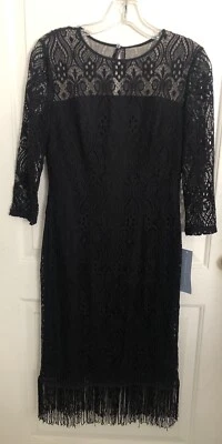 LONDON TIMES LACE FRINGE Dress Womens Sz 6 Black 3/4 SLEEVE Fitted Round Neck - Image 1 of 4