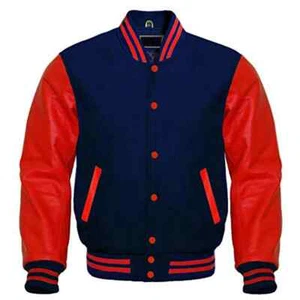 Varsity Men's Letterman Baseball Blue Wool Genuine Red Leather Sleeves Jacket - Picture 1 of 3