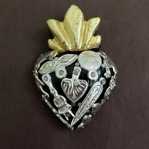 Sacred Heart Milagros Wood Painted Black Gold Handmade Mexican Folk Art Wall Art - Picture 1 of 15
