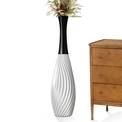 Jarrones altos plateados de 23,6" - Jarrón de piso alto lágrima cuello negro con textura V... Foto 1 de 4