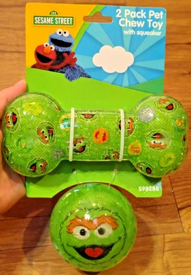 Sesame Street 2 pack Dog Chew Toy Squeaky Ball And Bone Oscar the Grouch Video - Image 1 of 4