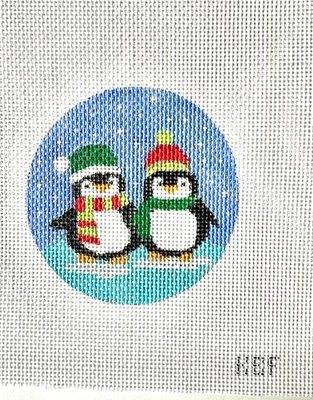 Hand Painted Needlepoint Canvas - 2 Pentuins - 4" circle on 13 mest - 7 1/2 "x8" - Image 1 of 2