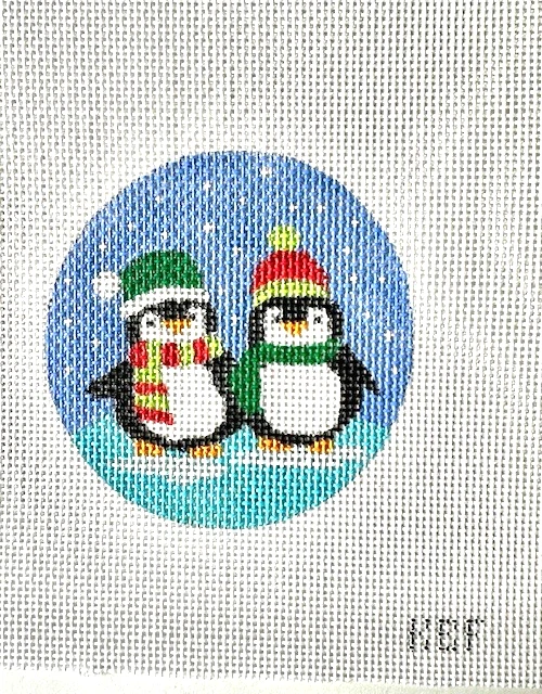 Hand Painted Needlepoint Canvas - 2 Pentuins - 4" circle on 13 mest - 7 1/2 "x8" - Image 1 of 2