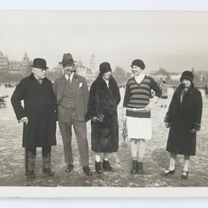 Vintage RPPC People Standing On Frozen Lake Ice Skating 1929 Winter Fashion - Picture 1 of 7