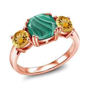 18K Rose Gold Plated Silver Green Malachite and Citrine 3 Stone Engagement Ring - Picture 1 of 5