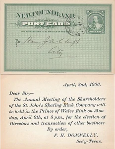 Newfoundland ST JOHNS Edward VII Privately Printed PC SKATING RINK COMPANY 1906 - Picture 1 of 1