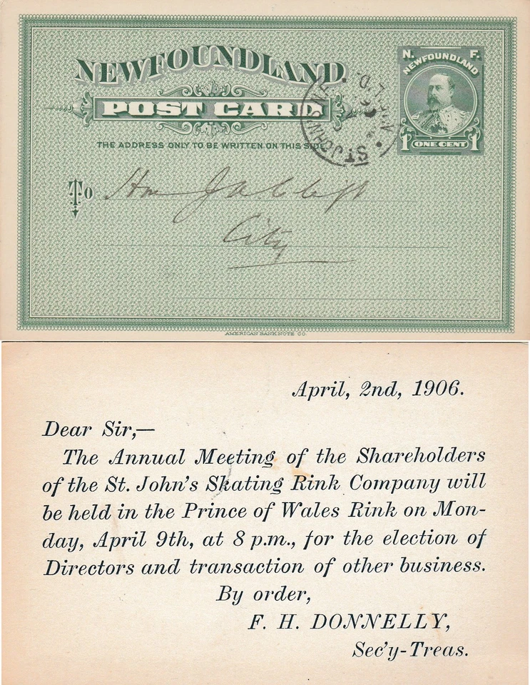 Newfoundland ST JOHNS Edward VII Privately Printed PC SKATING RINK COMPANY 1906 - Image 1 of 1