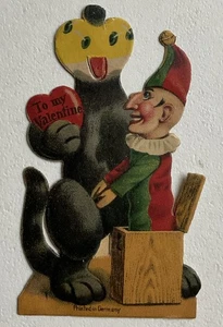 Vintage Germania San Valentino Card Jack In The Box Gatto Nero Testa Gialla #b9 - Foto 1 di 2