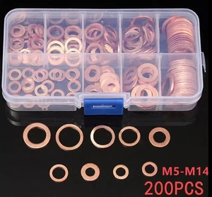 200pcs Assorted Solid Copper Car Engine Crush Washers Set Seal Flat Ring Spacers - Picture 1 of 6