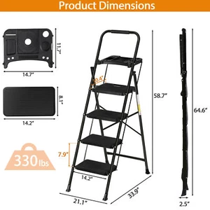 4 Step Ladder w/Tool Tray Folding Step Stool w/ Wide Non-Slip Pedal 330lbs Black - Picture 1 of 24