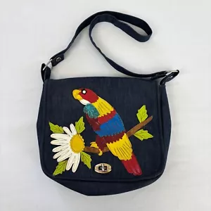 Vintage 70s Denim Satchel Purse Vinyl Macaw Parrot Appliqué Tropical Tiki Bag - Picture 1 of 17