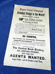 Rare C1884 Handbill "Mammoth (Brooklyn) Bridge" Colored Lithograph Agents Wanted - Picture 1 of 5