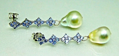 Pendientes araña barrocos de perlas del Mar del Sur de tanzanita de oro blanco de 14k Foto 1 de 4