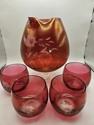 Vintage Ruby Flashed Cocktail Pitcher With 4 Glasses - Image 1 of 4
