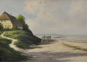 Antigua pintura impresionista casa de pescadores a orillas del mar sign. W. Paulsen - Imagen 1 de 4