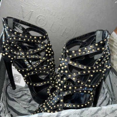 HOT Alexander McQueen Studded Black Leather Cage Bootie IT 37 US 7 AUTHENTICATED - Image 1 of 4