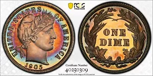 1905 Barber/Liberty Head Dime Certified PCGS PR66 CAC Toned PQ Silver Proof - Picture 1 of 6