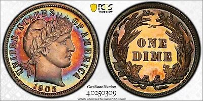 1905 Barber/Liberty Head Dime Certified PCGS PR66 CAC Toned PQ Silver Proof - Image 1 of 4