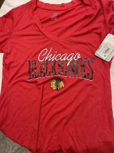 women’s V neck Chicago Blackhawks shirt new NOS red NHL Large 12-14 !! - Picture 1 of 10
