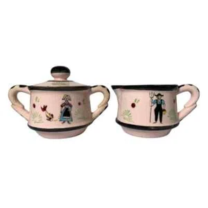 Milchkännchen Zucker Vintage rosa schwarz Set Bauernhof Paar handbemaltes Huhn Japan - Bild 1 von 11