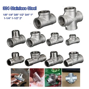 Stainless Steel 304 BSP Tee / Cross Connector Pipe Fittings Adapter 1/8" ~ 2" - Picture 1 of 27