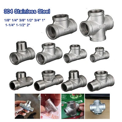 Stainless Steel 304 BSP Tee / Cross Connector Pipe Fittings Adapter 1/8" ~ 2" - Image 1 of 4