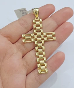 10K Yellow Gold Cross Pendant Men Jesus Crucifix Charm 2.8'' Inch Thick Chain. - Picture 1 of 7