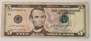 VERY COOL Fancy Serial Number $5.00 Bill JE 83778997 - 2009 -- 96.1 % Factor - Picture 1 of 2