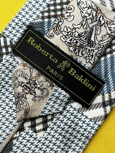 Authentic ROBERTA BALDINI Plaids Check Flowers Design On Cream Silk Necktie Tie - Picture 1 of 12