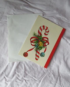 UNUSED VINTAGE CANDY CANE CHRISTMAS SAPHIRE GREETING CARD - Picture 1 of 4