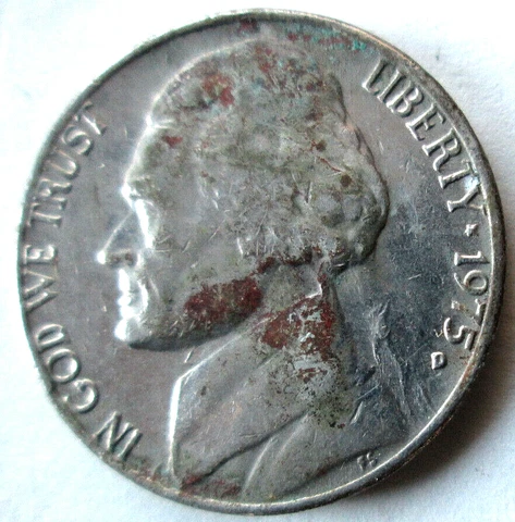 1975-D JEFFERSON , OVERPOLISHED OBVERSE DIE ERROR @ PONYTAIL, VF/XF, CIRCULATED Cover