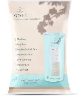 Bolsas de almacenamiento de leche materna desechables Zomee de 8 oz con sello de doble cremallera - 100 ct Foto 1 de 2