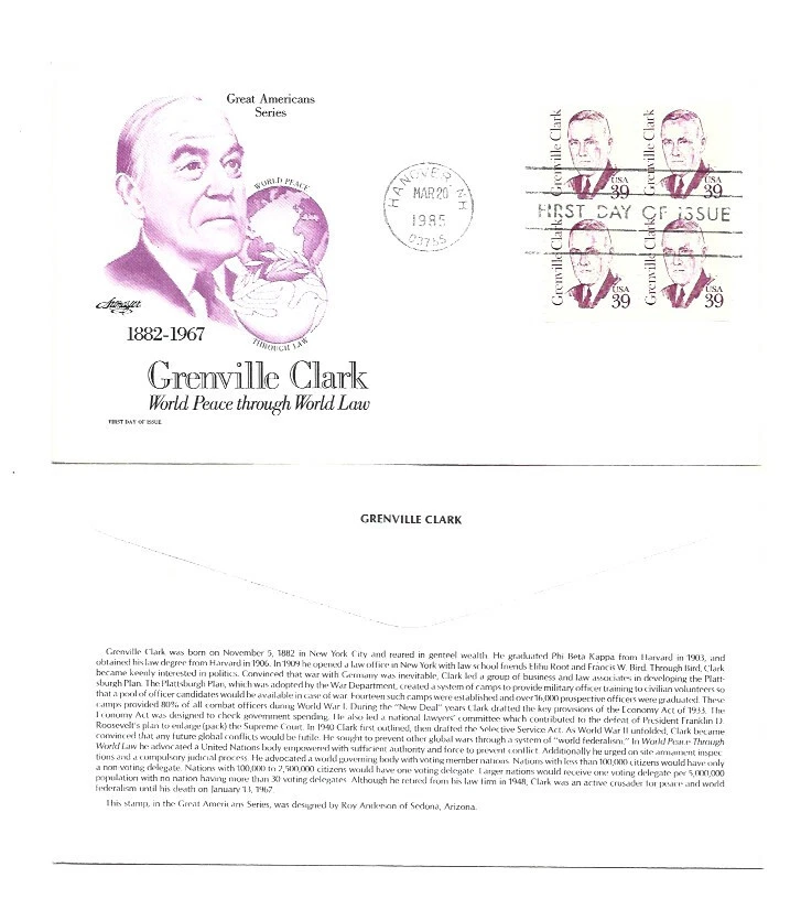 1867 39c Grenville Clark, Artmaster block of 4 FDC - Image 1 of 1