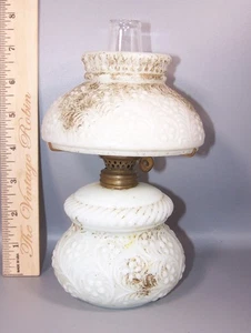 Miniature Milk Glass Oil Lamp with Chimney and Shade Floral Design - Picture 1 of 7